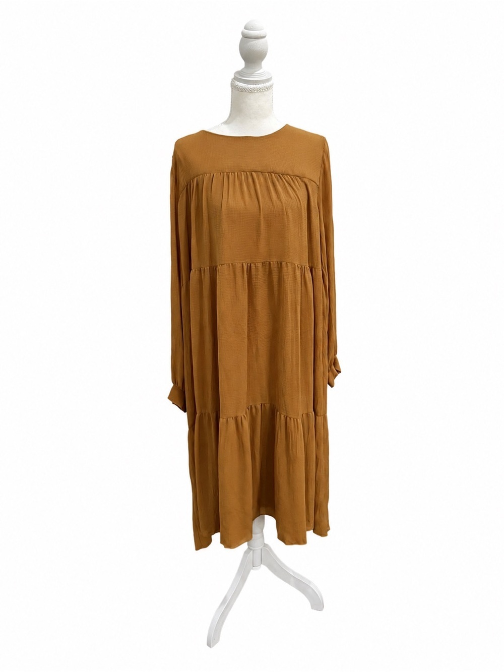 MNG Mango Camel Tiered Midi Dress Size Large Boho Long Sleeve Flowy A-Line
